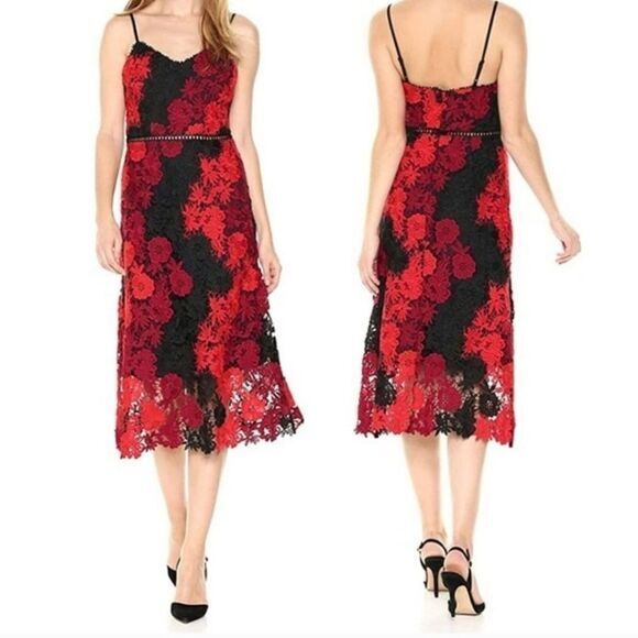 Revolve - BEBE Women's Floral Lace Slip Dress with A-line Silhouette Black Red 8 - Picture 1 of 11